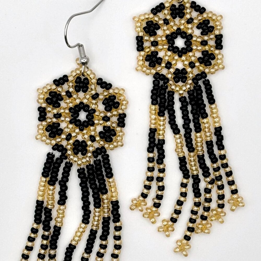 3 1/2" Boho Gold & Black Flower Tasseled Hand Beaded Tassel Dangle Earrings New